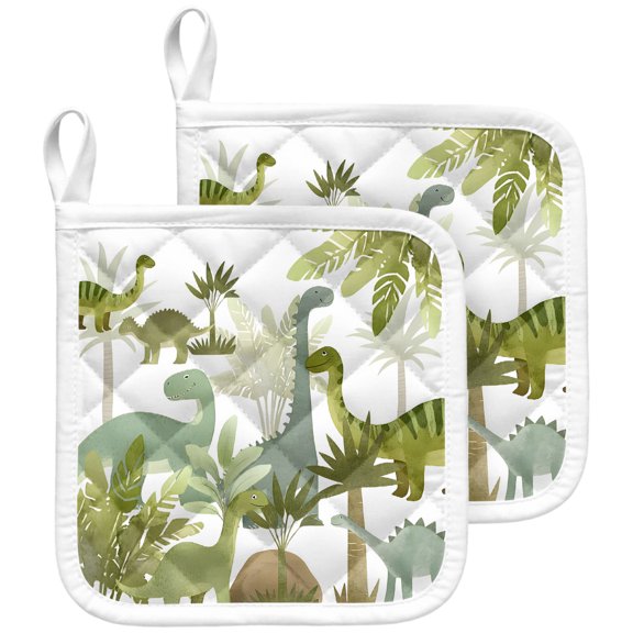 Tropical Dinosaurs Pot Holders for Kitchen Heatproof Potholder, 2 Pack Green Jungle Palm Tree Forest Animals Hot Pads Multipurpose Oven Pads Terry Cloth Potholders Trivet for Cooking and Baking