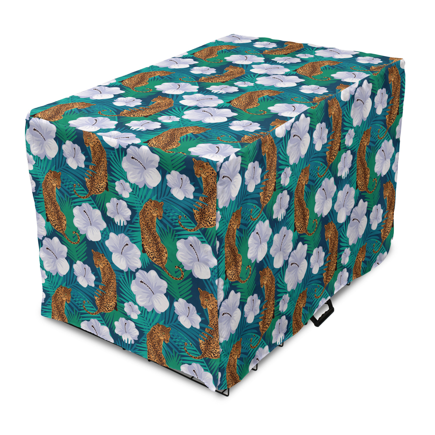 Tropical Dog Crate Cover, Floral Jungle and Leopards Hibiscus Blossoms ...