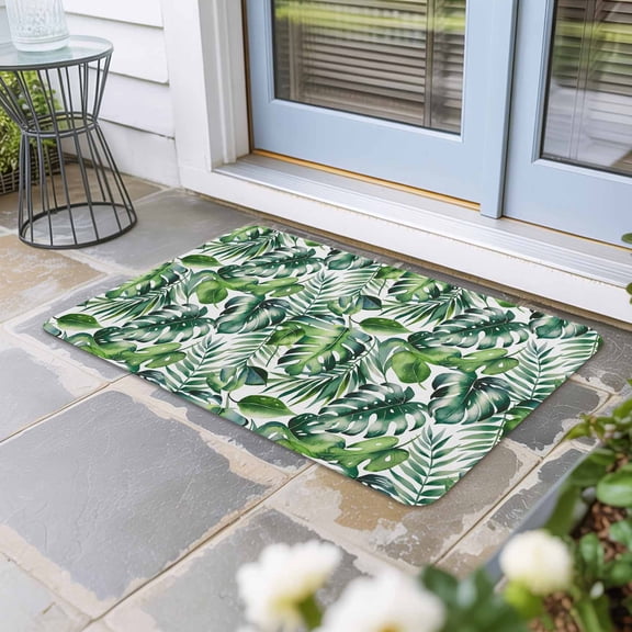 Tropical Door Mat Indoor Outdoor, Green Palm Leaf Summer Plant Non Slip Welcome Mat with Rubber Backing, Absorbent Fabric Front Door Mats Entryway Rug for Home Patio Entrance 16"x24"
