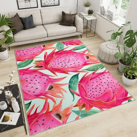 Tropical Dragon Fruit Area Rug Pink Exotic Fruit Bedroom Rug, Dragon Fruit Living Room Rug, Indoor Non-Slip Rugs For Front Entrance Floor Decor 3x5ft