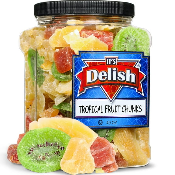 Tropical Dried Mixed Fruit Chunks - by Its Delish, 40 OZ Jumbo Container Healthy Snacks for Adults, Kids Fresh Snack Mix Dry Fruit Pineapple Mango Papaya Kiwi Slices Gluten Free, Vegan, Kosher