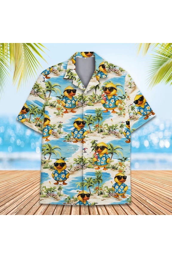 Tropical Duck Hawaiian Shirt, Rubber Duck Short Sleeve Button-Up, Gift for Animal Lovers
