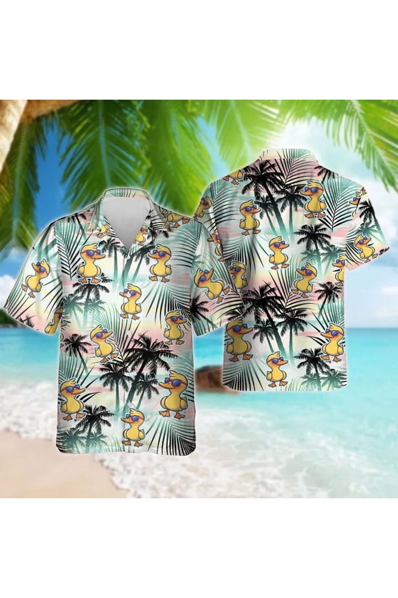 Tropical Duck Unisex Hawaiian Shirts, Funny Duck Summer Aloha Beach Shirt, Animal Lover Pattern Button Down Short Sleeve Shirts.