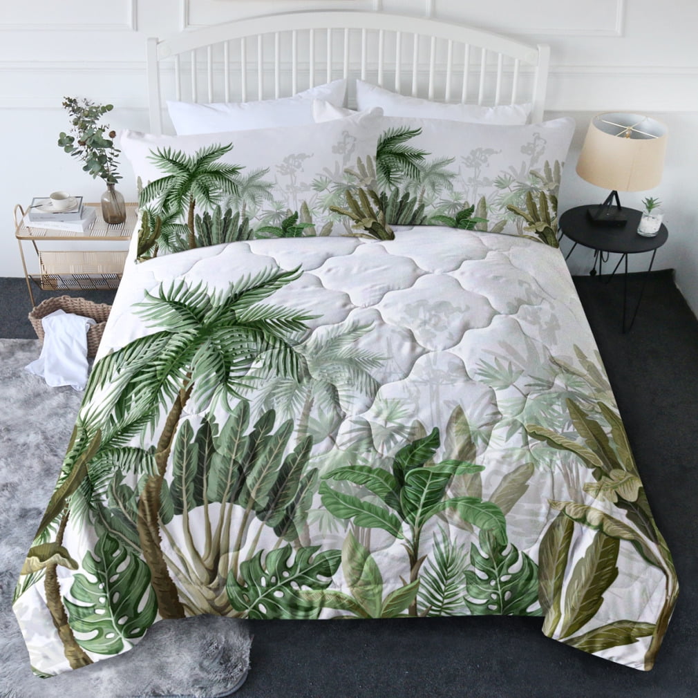 Tropical Duvet Cover Set, Coconut Palm Tree Nature Paradise Plants Foliage Leaves Digital Illustration, Decorative 3 Piece Bedding Set with 2 Pillow Shams, Queen Size, Green