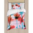 thumbnail image 1 of Tropical Duvet Cover Set, Coconut Palm Tree Silhouettes Exotic Island Summer Beach Art, Decorative 2 Piece Bedding Set with 1 Pillow Shams, Twin Size, Dark Coral Turquoise, by Ambesonne, 1 of 3