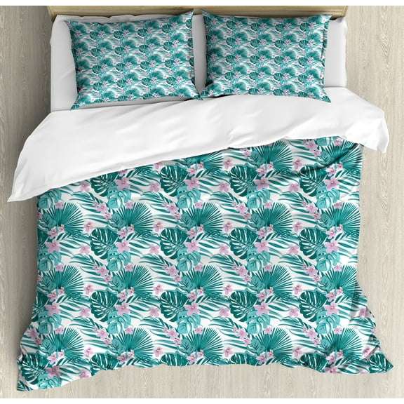 Tropical Duvet Cover Set, Continued Layout of Palm Leaves Jungle Coconut Monstera Summer Art, Decorative 3 Piece Bedding Set with 2 Pillow Shams, Queen Size, Dark Teal and Purple, by Ambesonne