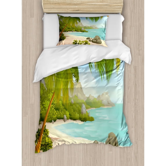 Tropical Duvet Cover Set, Exotic Beach with Coconut Palm Trees and Rocks Journey Oceanic Coastal Design, Decorative 2 Piece Bedding Set with 1 Pillow Shams, Twin Size, Aqua Green, by Ambesonne