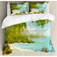 thumbnail image 1 of Tropical Duvet Cover Set, Exotic Beach with Coconut Palm Trees and Rocks Journey Oceanic Coastal Design, Decorative 3 Piece Bedding Set with 2 Pillow Shams, Queen Size, Aqua Green, by Ambesonne, 1 of 3