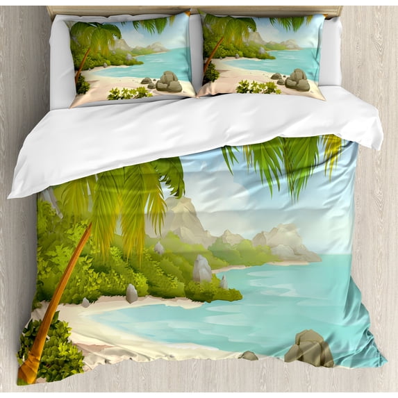 Tropical Duvet Cover Set, Exotic Beach with Coconut Palm Trees and Rocks Journey Oceanic Coastal Design, Decorative 3 Piece Bedding Set with 2 Pillow Shams, Queen Size, Aqua Green, by Ambesonne
