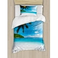 thumbnail image 1 of Tropical Duvet Cover Set, Exotic Beach with White Sand and Palm Tree Green Forest Clear Sky and Clouds, Decorative 2 Piece Bedding Set with 1 Pillow Shams, Twin Size, Blue White Green, by Ambesonne, 1 of 3