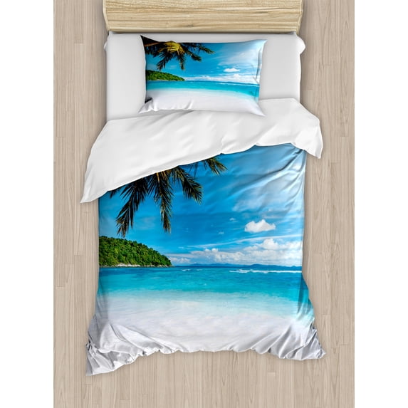 Tropical Duvet Cover Set, Exotic Beach with White Sand and Palm Tree Green Forest Clear Sky and Clouds, Decorative 2 Piece Bedding Set with 1 Pillow Shams, Twin Size, Blue White Green, by Ambesonne