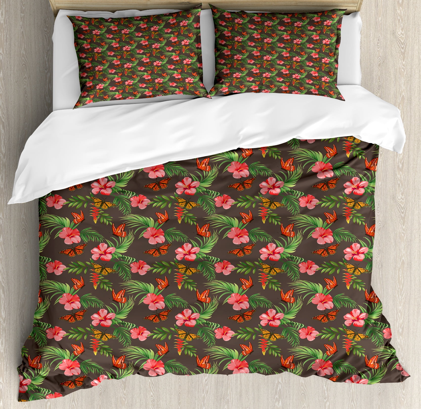 Tropical Duvet Cover Set, Exotic Butterflies Flourishes on a Dark Taupe ...
