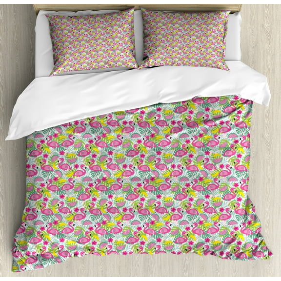Tropical Duvet Cover Set, Exotic Cartoon Pattern with Leaf Banana Watermelon Hibiscus and Happy Flamingo, Decorative 3 Piece Bedding Set with 2 Pillow Shams, Calking Size, Multicolor, by Ambesonne