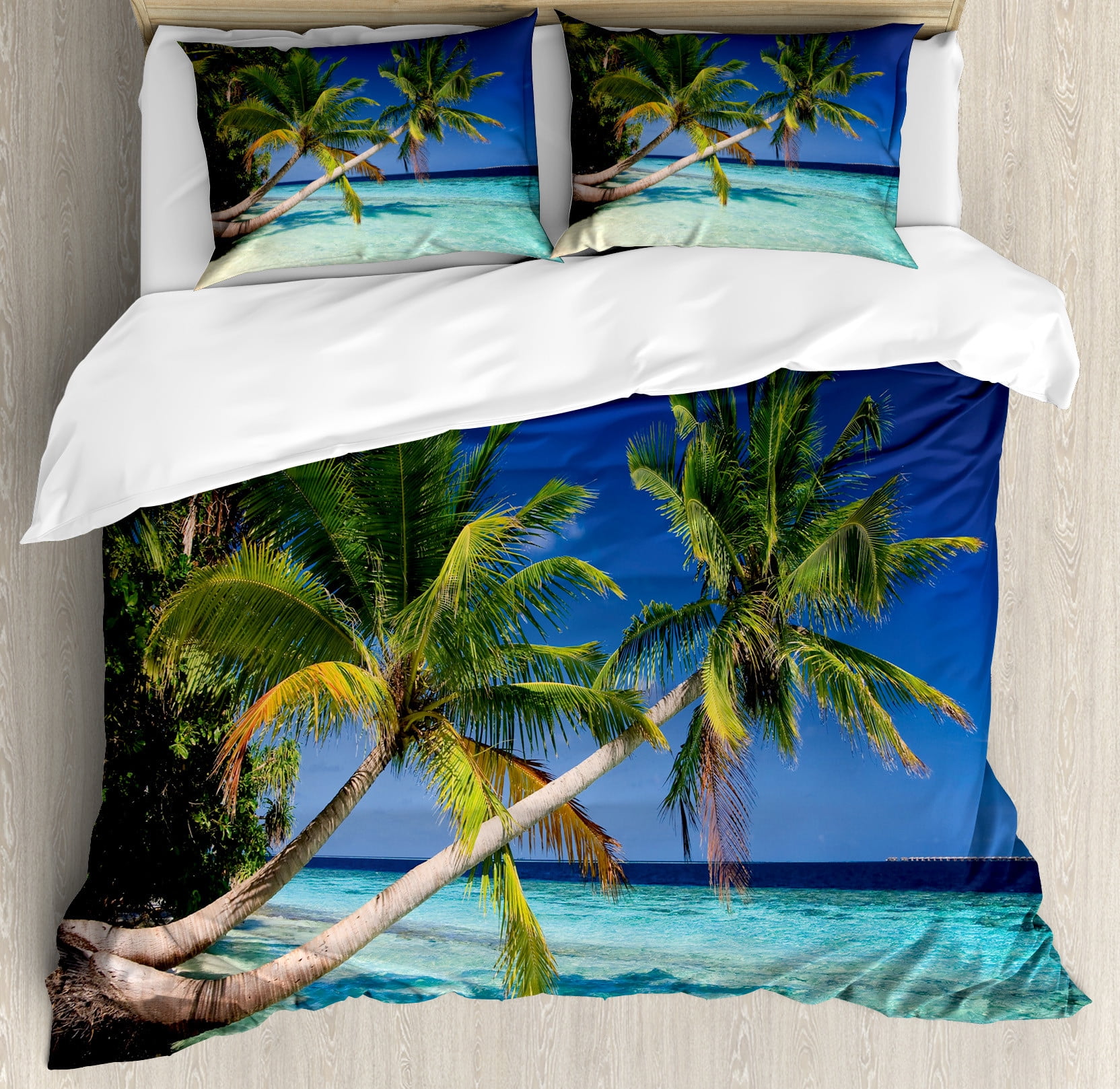 Tropical Duvet Cover Set, Exotic Maldives Beach with Palms Paradise