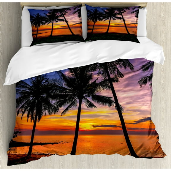 Tropical Duvet Cover Set, Exotic Palm Trees Pattern with Beach and Ocean Sunset in Hawaii Summer Season, Decorative 3 Piece Bedding Set with 2 Pillow Shams, Calking Size, Multicolor, by Ambesonne