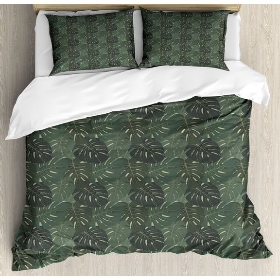 Tropical Duvet Cover Set, Exotic Pattern of Monstera Leaves Hawaiian Plantation, Decorative 3 Piece Bedding Set with 2 Pillow Shams, King Size, Grey Reseda Green, by Ambesonne