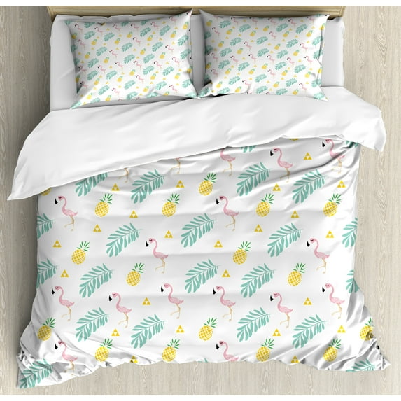 Tropical Duvet Cover Set, Flamingo Birds Tropical Pineapple and Leaves Hawaiian Hipster in Pastel Tones, Decorative 3 Piece Bedding Set with 2 Pillow Shams, King Size, Pink Mustard, by Ambesonne