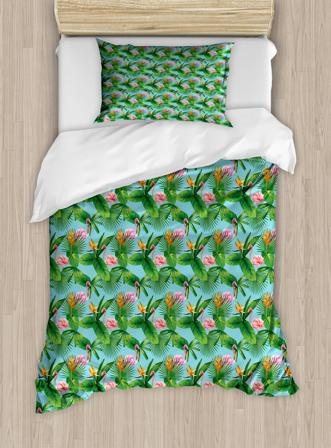 Tropical Duvet Cover Set, Formation of Flamingos and Hawaiian Plants ...