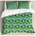 thumbnail image 1 of Tropical Duvet Cover Set, Formation of Flamingos and Hawaiian Plants and Flowers, Decorative 3 Piece Bedding Set with 2 Pillow Shams, Queen Size, Pale Sky Blue Fern Green, by Ambesonne, 1 of 3