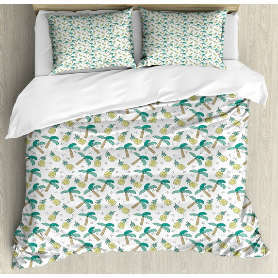 Tropical Duvet Cover Set, Hand Drawn Palm Trees and Pineapples, Decorative 3 Piece Bedding Set with 2 Pillow Shams, Queen Size, White Seafoam, by Ambesonne