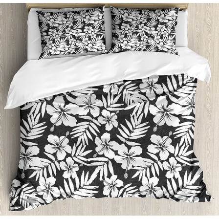 Tropical Duvet Cover Set King Size, Artisan Exotic Hibiscus Flowers Fern Leaves Pattern Nature Plant Picture Art, Decorative 3 Piece Bedding Set with 2 Pillow Shams, Grey and White, by Ambesonne