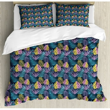 Tropical Duvet Cover Set King Size, Jungle Leaves Summer Season Design Ornamental Colorful Illustration Exotic, Decorative 3 Piece Bedding Set with 2 Pillow Shams, Multicolor, by Ambesonne