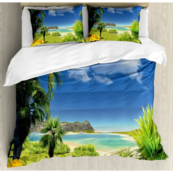 Tropical Duvet Cover Set King Size, Paradise Beach with Palm Trees in Exotic Island Happiness Coastal Charm Image, Decorative 3 Piece Bedding Set with 2 Pillow Shams, Multicolor, by Ambesonne