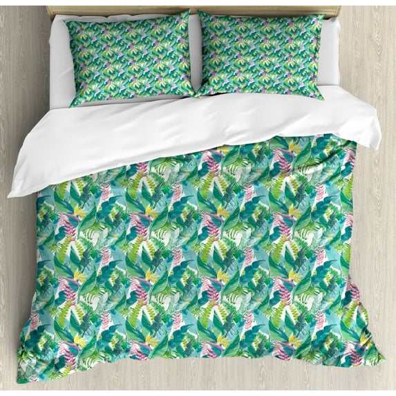 Tropical Duvet Cover Set King Size, Watercolor Hawaiian Foliage Composition Fern and Monstera Leaves Exotic Nature, Decorative 3 Piece Bedding Set with 2 Pillow Shams, Multicolor, by Ambesonne