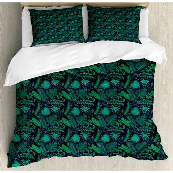 Tropical Duvet Cover Set, Leaves Hibiscus Plumeria Jungle Trees, Decorative 3 Piece Bedding Set with 2 Pillow Shams, Queen Size, Indigo Jade Green, by Ambesonne