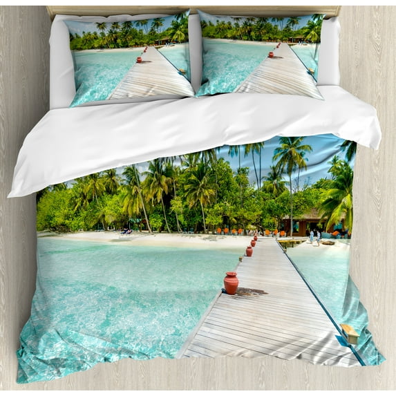 Tropical Duvet Cover Set, Maldives Island with Beach Wooden Deck Palms Exotic Holiday Picture, Decorative 3 Piece Bedding Set with 2 Pillow Shams, King Size, Fern Green Turquoise, by Ambesonne