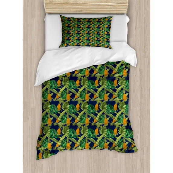 Tropical Duvet Cover Set, Natural Theme Exotic Pineapples with Monstera and Banana Leaves, Decorative 2 Piece Bedding Set with 1 Pillow Shams, Twin Size, Dark Blue Green and Orange, by Ambesonne