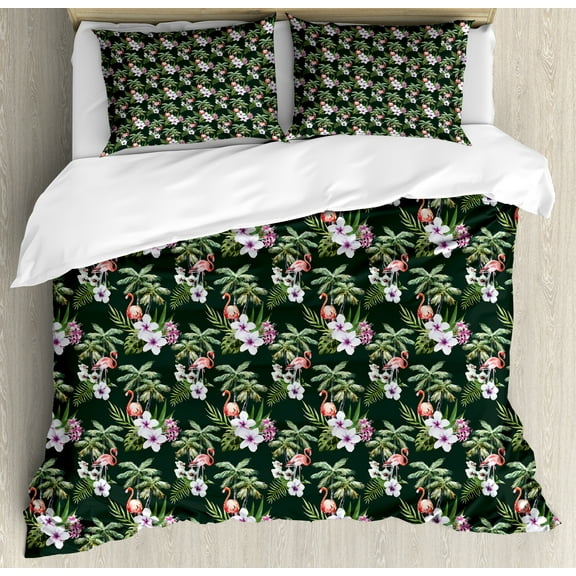 Tropical Duvet Cover Set, Pattern of Bouquet with Exotic Flowers Leaves Palms and Flamingos, Decorative 3 Piece Bedding Set with 2 Pillow Shams, Calking Size, Hunter Green Multicolor, by Ambesonne