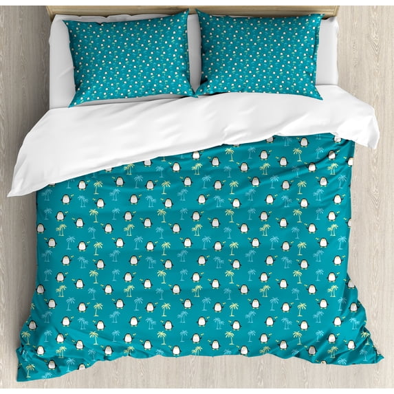 Tropical Duvet Cover Set, Pattern of Penguins and Palm Trees, Decorative 3 Piece Bedding Set with 2 Pillow Shams, Queen Size, Sea Blue Multicolor, by Ambesonne