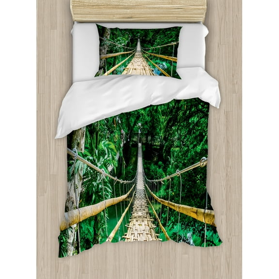 Tropical Duvet Cover Set, Pedestrian Suspension Bridge over the River in Tropical Forest in Philippines, Decorative 2 Piece Bedding Set with 1 Pillow Shams, Twin Size, Beige and Green, by Ambesonne