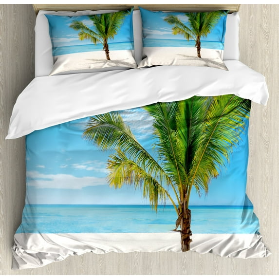 Tropical Duvet Cover Set, Exotic Beach with Palm Tree in Saona Island Sunny Summer Day Seaside Photo, Decorative 3 Piece Bedding Set with 2 Pillow Shams, Queen Size, Blue Cream Green, by Ambesonne
