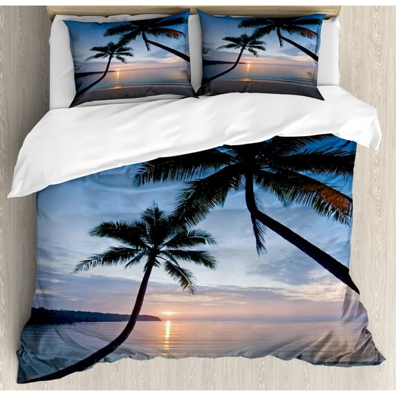 Tropical Duvet Cover Set Queen Size, Sunset over Ocean Calm Exotic Beach in Kut Island Thailand Summertime, Decorative 3 Piece Bedding Set with 2 Pillow Shams, Blue Black Pale Pink, by Ambesonne