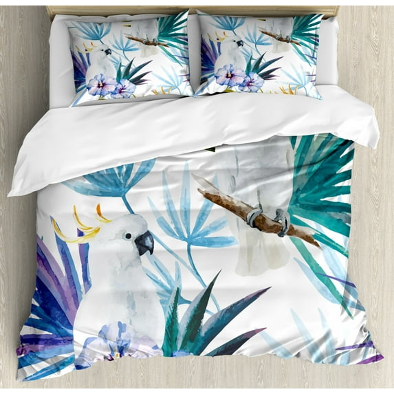 Tropical Duvet Cover Set Queen Size, Watercolor White Parrot Birds on Palm Tree Branches Leaves Exotic Nature Artwork, Decorative 3 Piece Bedding Set with 2 Pillow Shams, Multicolor, by Ambesonne