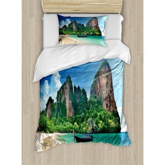 Tropical Duvet Cover Set, Railay Beach Krabi Thailand Small Boat Crystal Water Rock Cliff Tropical Landscape, Decorative 2 Piece Bedding Set with 1 Pillow Shams, Twin Size, Blue Green, by Ambesonne
