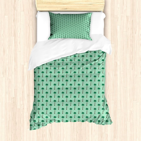Tropical Duvet Cover Set, Repeating Pattern of Summer Season Palm Trees on Stripes, Decorative 2 Piece Bedding Set with 1 Pillow Shams, Twin Size, Seafoam Forest Green, by Ambesonne