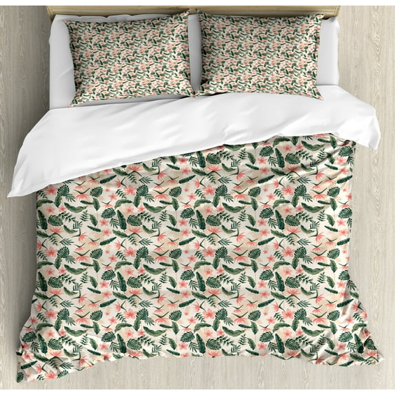 Tropical Duvet Cover Set, Repetitive Summer Pattern of Vintage Plumeria and Leaves, Decorative 3 Piece Bedding Set with 2 Pillow Shams, King Size, Beige Pale Olive Green, by Ambesonne