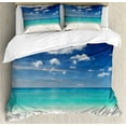 thumbnail image 1 of Tropical Duvet Cover Set, Summer Beach with Exquisite Sky Relax Holiday Away Serene Coast Scenery, Decorative 3 Piece Bedding Set with 2 Pillow Shams, King Size, Blue Turquoise White, by Ambesonne, 1 of 3