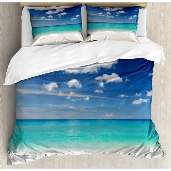 Tropical Duvet Cover Set, Summer Beach with Exquisite Sky Relax Holiday Away Serene Coast Scenery, Decorative 3 Piece Bedding Set with 2 Pillow Shams, King Size, Blue Turquoise White, by Ambesonne