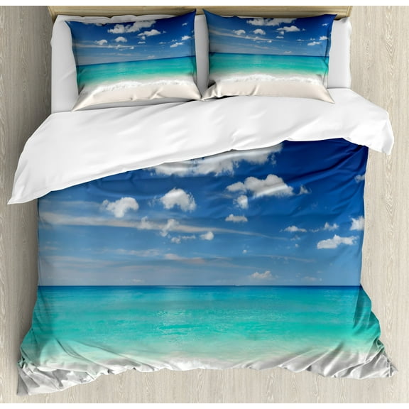 Tropical Duvet Cover Set, Summer Beach with Exquisite Sky Relax Holiday Away Serene Coast Scenery, Decorative 3 Piece Bedding Set with 2 Pillow Shams, Queen Size, Blue Turquoise White, by Ambesonne