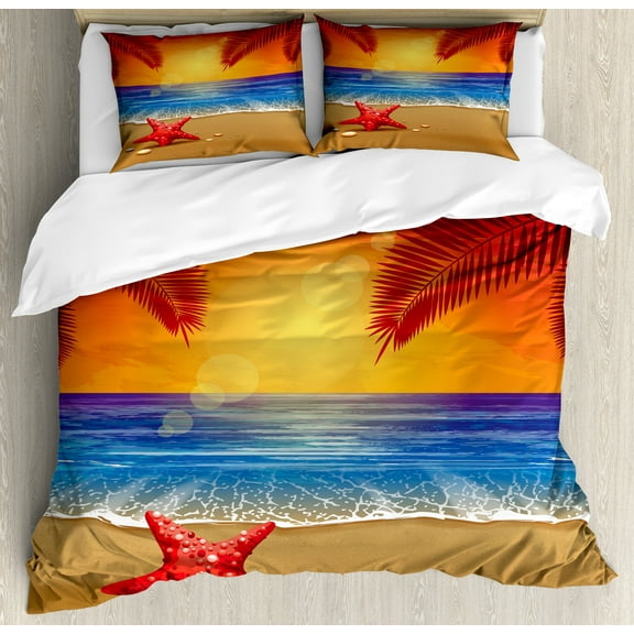 Tropical Duvet Cover Set, Sunset Cartoon Illustration Beach Summer Starfish Palm Tree Ocean Fantasy Art, Decorative 3 Piece Bedding Set with 2 Pillow Shams, King Size, Red Yellow Blue, by Ambesonne