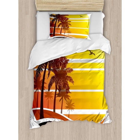 Tropical Duvet Cover Set, Sunset at Exotic Beach with Palm Trees Birds Summer Vacation Theme Pattern, Decorative 2 Piece Bedding Set with 1 Pillow Shams, Twin Size, Yellow Coral Brown, by Ambesonne