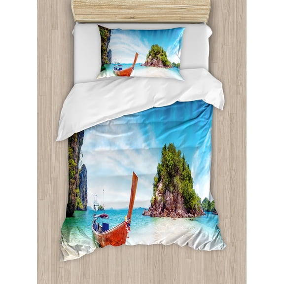 Tropical Duvet Cover Set, Surreal Beach in Thailand with an Old Wooden Boat Island Ocean Picture, Decorative 2 Piece Bedding Set with 1 Pillow Shams, Twin Size, Fern Green Blue Cream, by Ambesonne