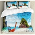 thumbnail image 1 of Tropical Duvet Cover Set, Surreal Beach in Thailand with an Old Wooden Boat Island Ocean Picture, Decorative 3 Piece Bedding Set with 2 Pillow Shams, Calking Size, Fern Green Blue Cream, by Ambesonne, 1 of 3