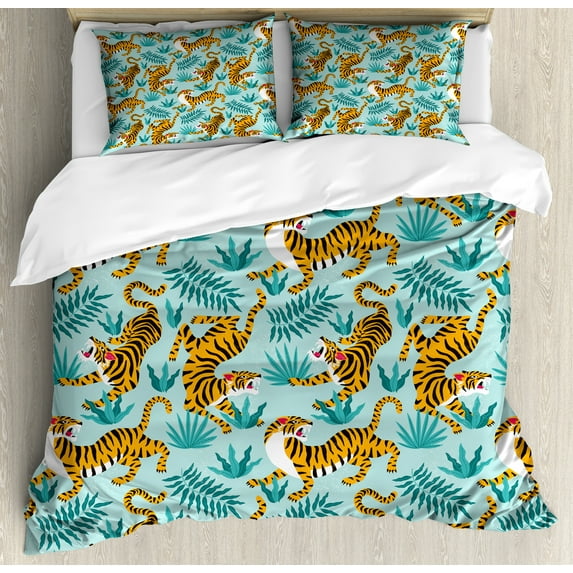 Tropical Duvet Cover Set, Tigers in the Jungle Forest Exotic Foliage Savannah Wilderness Animal, Decorative 3 Piece Bedding Set with 2 Pillow Shams, Queen Size, Pale Turquoise Marigold, by Ambesonne
