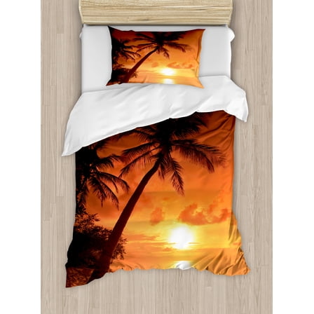 Tropical Duvet Cover Set, Twilight Dusk at Sandy Beach with Coconut Palms Maldives Summer Panorama, Decorative 2 Piece Bedding Set with 1 Pillow Shams, Twin Size, Coral Orange Brown, by Ambesonne