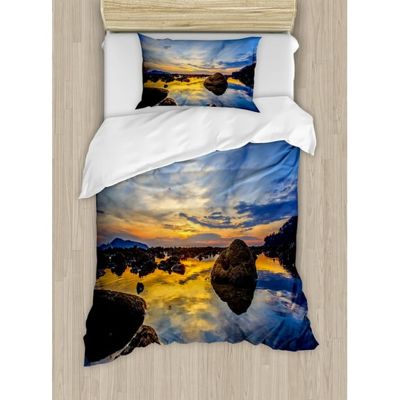 Tropical Duvet Cover Set, Twilight Rocky Sea Coast at Thailand Beach Exotic Night Dawn in Dramatic Image, Decorative 2 Piece Bedding Set with 1 Pillow Shams, Twin Size, Blue Apricot, by Ambesonne